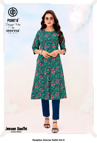 Deeptex Jeevan Sathi Vol 4, green kurti with pink floral print, button-down front style, paired with blue pants.