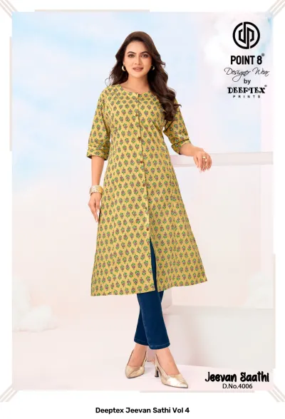 Deeptex Jeevan Sathi Vol 4, yellow kurti with small repeating green and red floral print, button-front design.