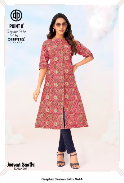 Deeptex Jeevan Sathi Vol 4, bright pink kurti featuring an all-over small floral print, button-down front style.