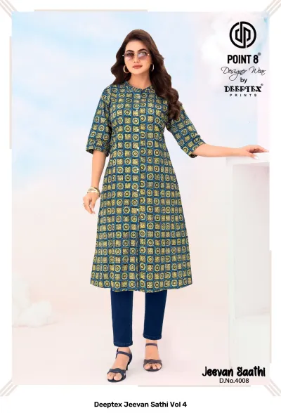 Deeptex Jeevan Sathi Vol 4, teal and yellow kurti with an all-over geometric square and circle grid pattern.