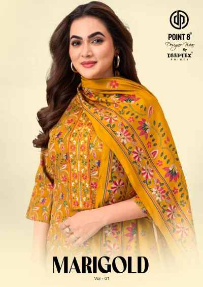Deeptex MariGold Vol 1 mustard yellow printed salwar suit with floral patterns and thread work on the neckline.