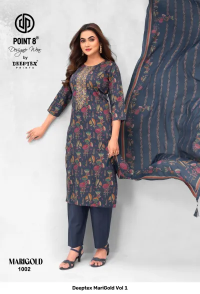 Deeptex MariGold Vol 1 dark blue salwar suit with floral print, matching pants, and dupatta with thread work neckline.