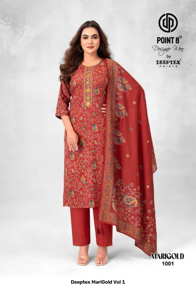 Deeptex MariGold Vol 1 red printed salwar suit featuring floral motifs, matching trousers, and dupatta with embroidered neckline.