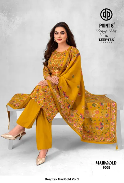 Deeptex MariGold Vol 1 mustard yellow salwar suit with floral print, matching pants, and dupatta with embroidered neckline.