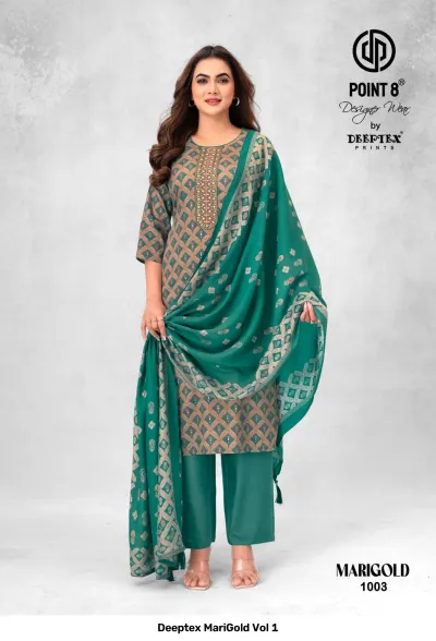 Deeptex MariGold Vol 1 teal green salwar suit with geometric print, matching trousers, and dupatta with embroidered neckline.