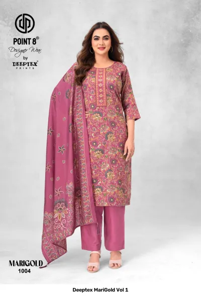 Deeptex MariGold Vol 1 pink floral printed salwar suit with matching pants and a dupatta with embroidered neckline.