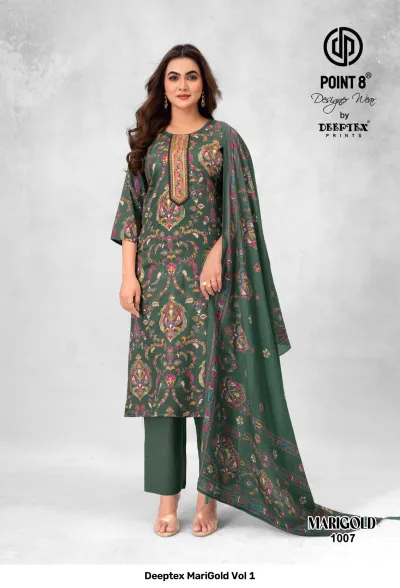 Deeptex MariGold Vol 1 dark green floral printed salwar suit with matching trousers and a dupatta with embroidered neckline.