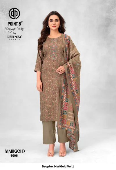 Deeptex MariGold Vol 1 beige floral printed salwar suit with matching trousers and a dupatta with embroidered neckline.