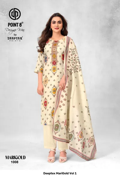 Deeptex MariGold Vol 1 off-white salwar suit with multicolor geometric print, matching trousers, and dupatta with embroidered neckline.