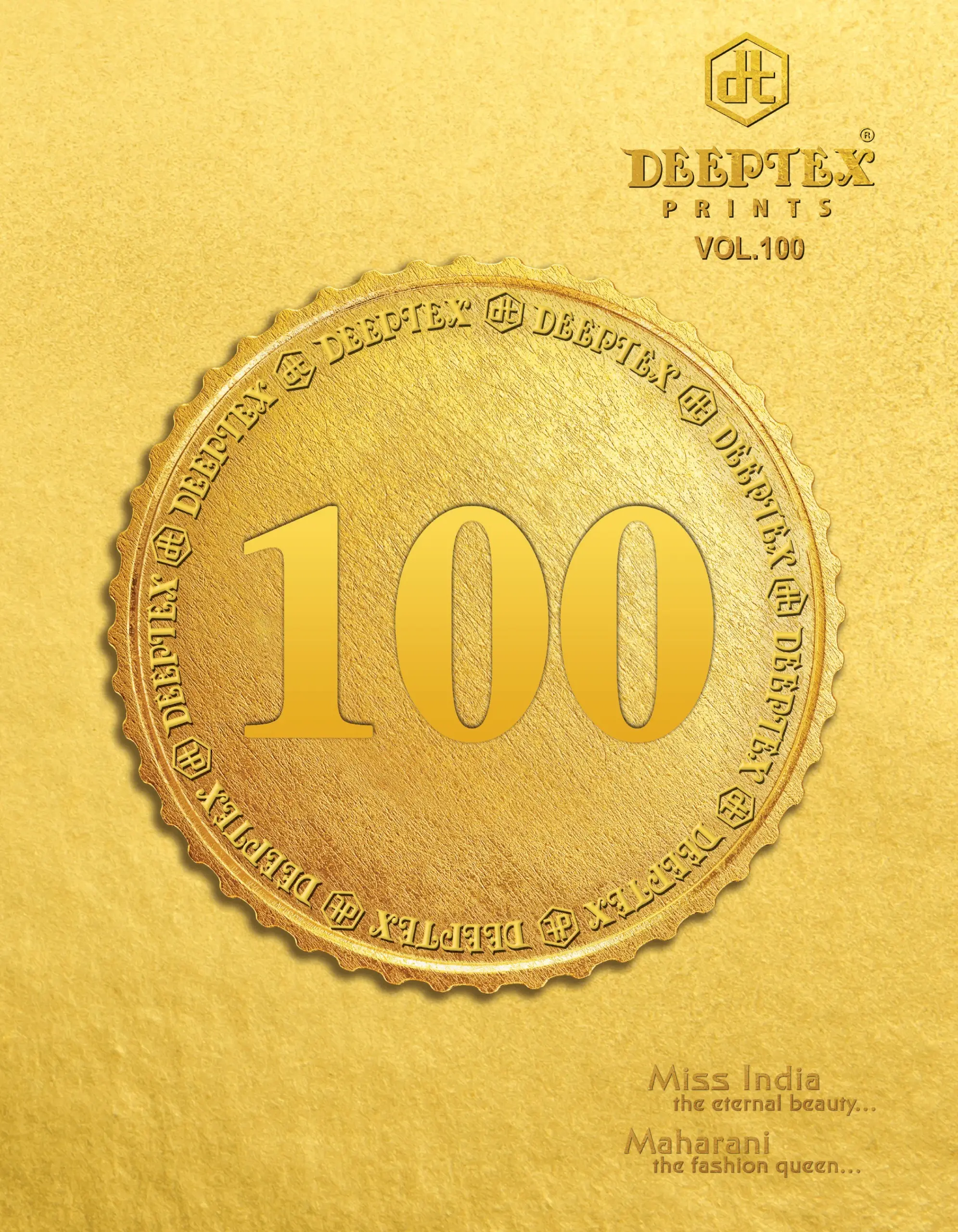 Deeptex Miss India Vol 100, catalog cover featuring the brand logo and volume number on a textured gold background.