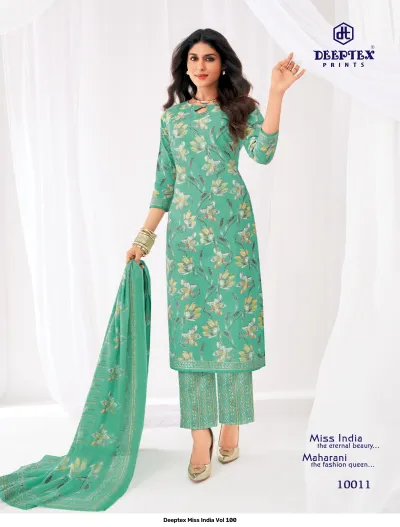 Deeptex Miss India Vol 100, green kurti and trousers with yellow floral print and matching floral dupatta.