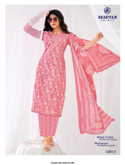 Deeptex Miss India Vol 100, pink kurti and trousers with white floral print and matching printed dupatta.