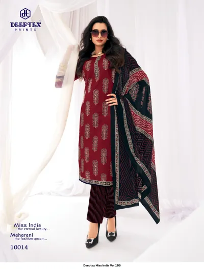 Deeptex Miss India Vol 100, maroon kurti and striped trousers with leaf print and patterned black dupatta.