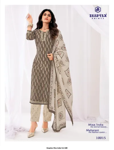 Deeptex Miss India Vol 100, grey kurti and trousers with dark leaf print and geometric patterned dupatta.