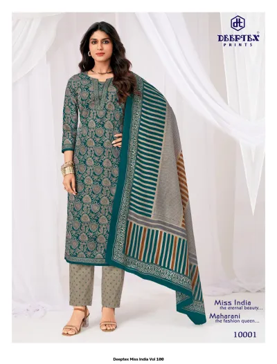 Deeptex Miss India Vol 100, teal kurti and trousers with printed floral pattern and striped dupatta.