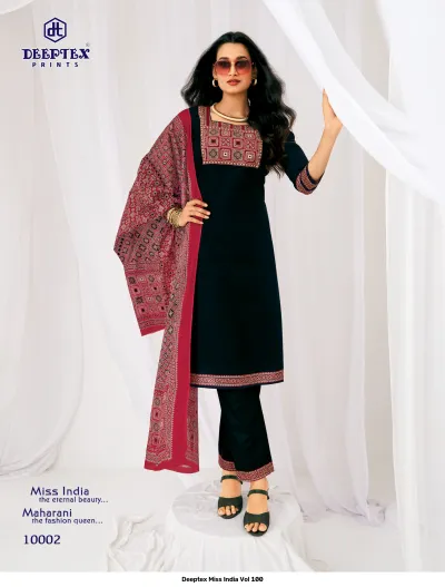 Deeptex Miss India Vol 100, black kurti and trousers with embroidered neck panel and patterned red dupatta.