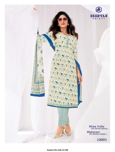 Deeptex Miss India Vol 100, cream kurti and trousers with blue floral print and matching dupatta.