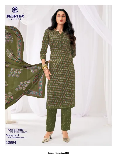 Deeptex Miss India Vol 100, olive green kurti and trousers with small leaf print and floral dupatta.