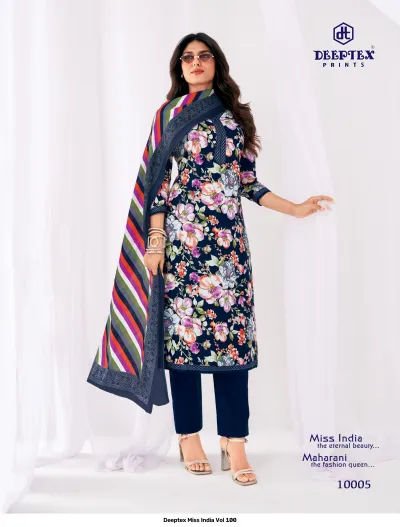 Deeptex Miss India Vol 100, navy blue kurti and trousers with floral print and multi-colored striped dupatta.