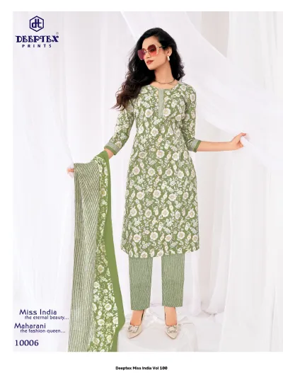 Deeptex Miss India Vol 100, olive green kurti and trousers with white floral print and striped dupatta.