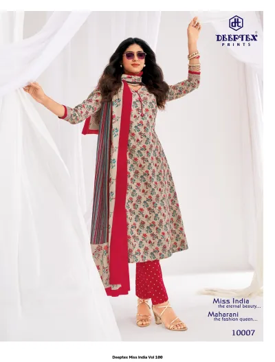 Deeptex Miss India Vol 100, beige floral kurti, red trousers, and printed striped dupatta.