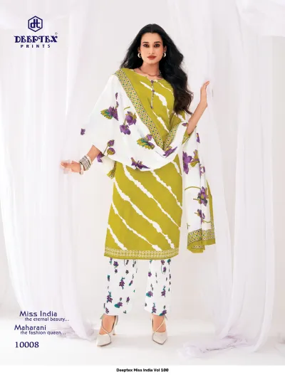 Deeptex Miss India Vol 100, lime green kurti and white trousers with green tie-dye pattern and floral dupatta.