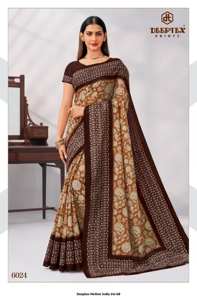 Deeptex Mother India Vol 60, brown floral printed saree with a dark brown border.