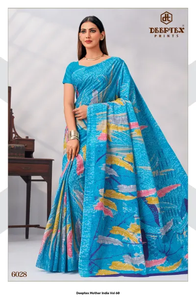 Deeptex Mother India Vol 60, bright blue feather printed saree with a patterned border.