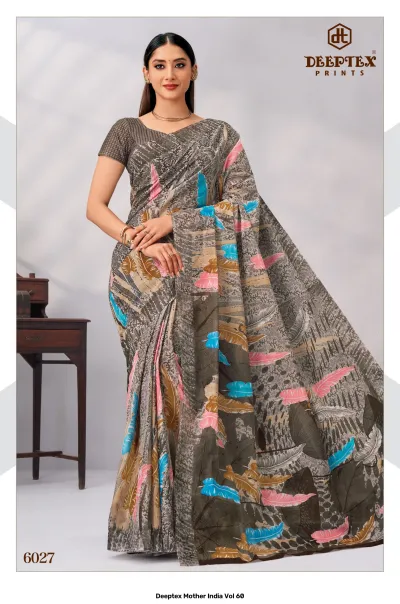 Deeptex Mother India Vol 60, grey leaf-patterned saree with blue and pink accents.