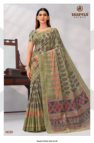 Deeptex Mother India Vol 60, light olive green patterned saree with a geometric border.