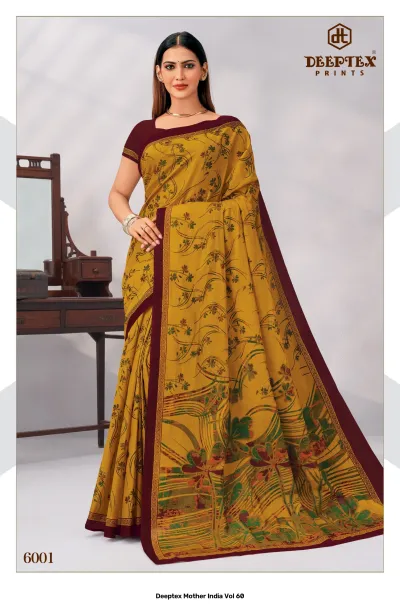 Deeptex Mother India Vol 60, mustard yellow floral printed saree with a dark border.