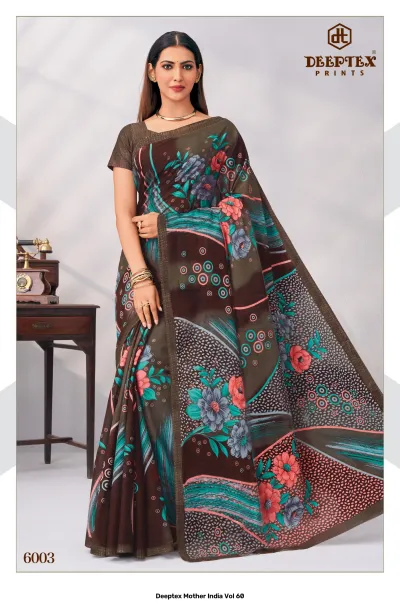 Deeptex Mother India Vol 60, brown floral printed saree with circular motifs and a border.