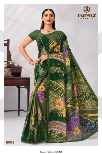 Deeptex Mother India Vol 60, dark green floral printed saree with patterned border.