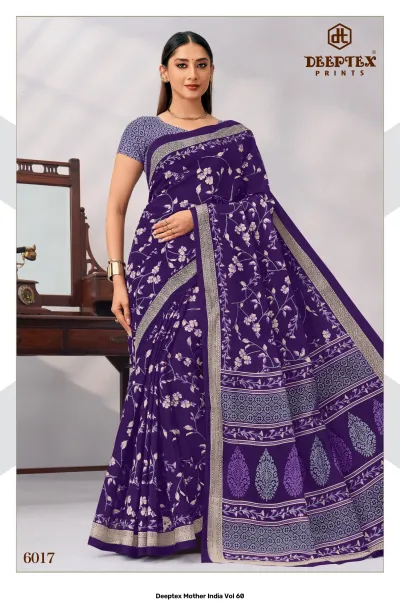 Deeptex Mother India Vol 60, dark blue floral printed saree with border and matching blouse.