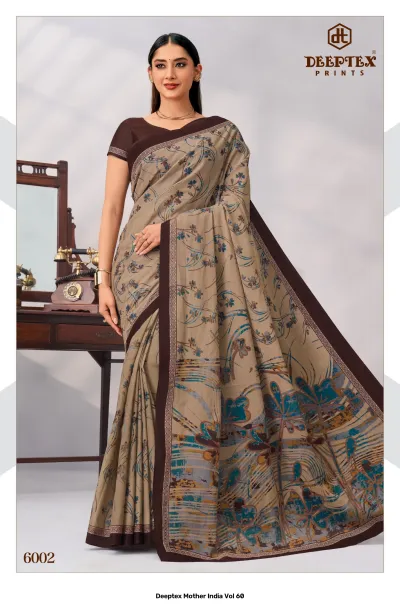 Deeptex Mother India Vol 60, beige floral printed saree with a dark brown border.