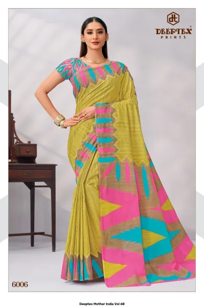 Deeptex Mother India Vol 60, lime green geometric patterned saree with bright pink and blue.