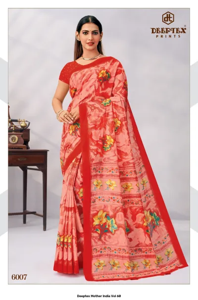 Deeptex Mother India Vol 60, peach-colored floral printed saree with a red border.
