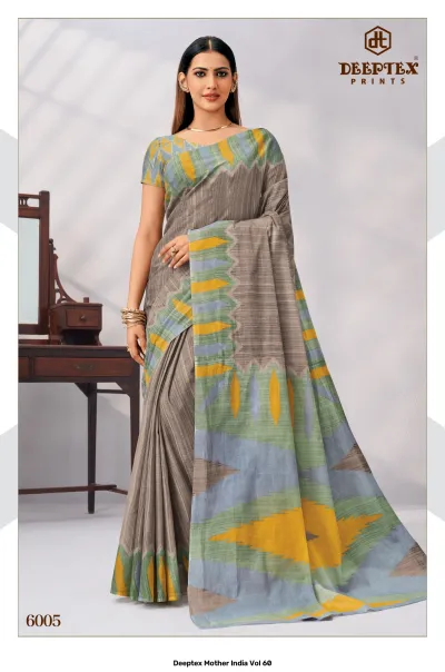 Deeptex Mother India Vol 60, beige geometric patterned saree with yellow and green accents.