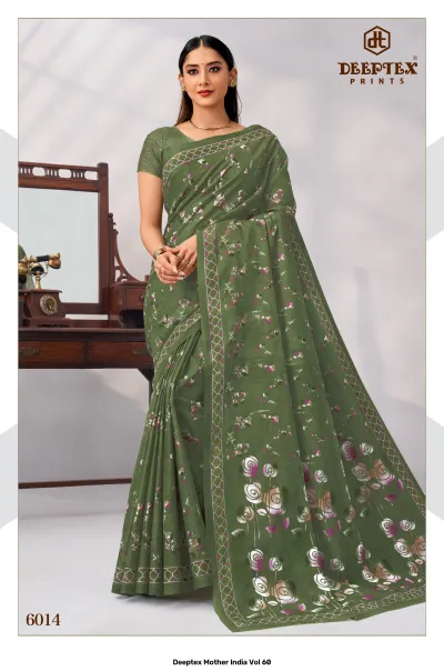 Deeptex Mother India Vol 60, dark green floral printed saree with metallic embellishments.