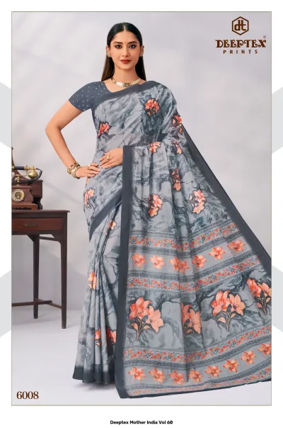 Deeptex Mother India Vol 60, grey floral printed saree with a dark border.