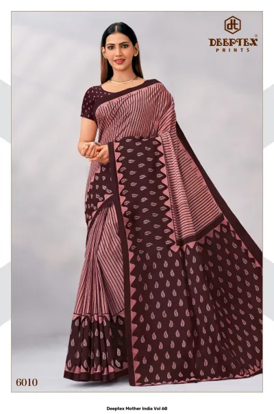 Deeptex Mother India Vol 60, pink and brown striped leaf-printed saree with a dark border.