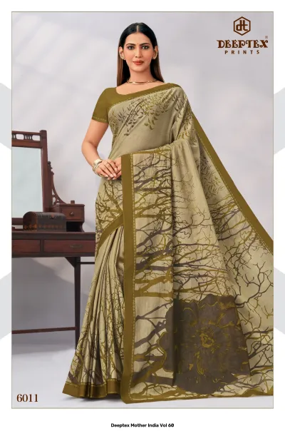 Deeptex Mother India Vol 60, olive green tree-patterned saree with a brown floral motif.