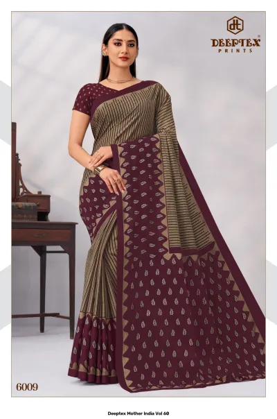 Deeptex Mother India Vol 60, brown leaf-printed saree with a dark brown border.
