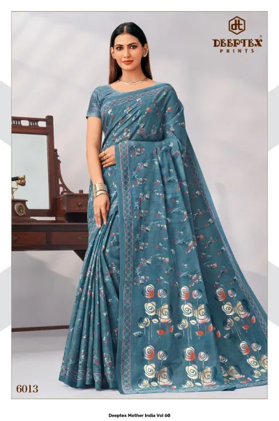 Deeptex Mother India Vol 60, blue floral printed saree with a dark border.