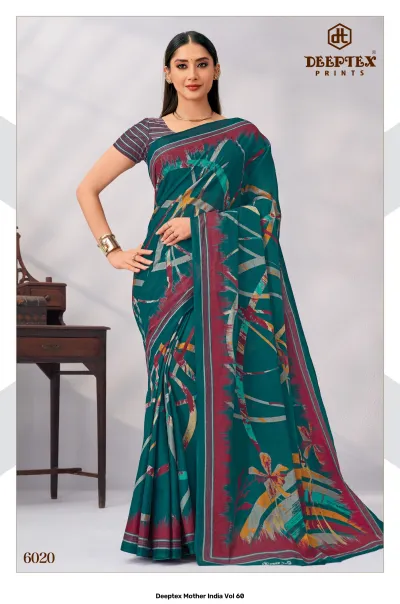 Deeptex Mother India Vol 60, dark green and maroon abstract printed saree with border.