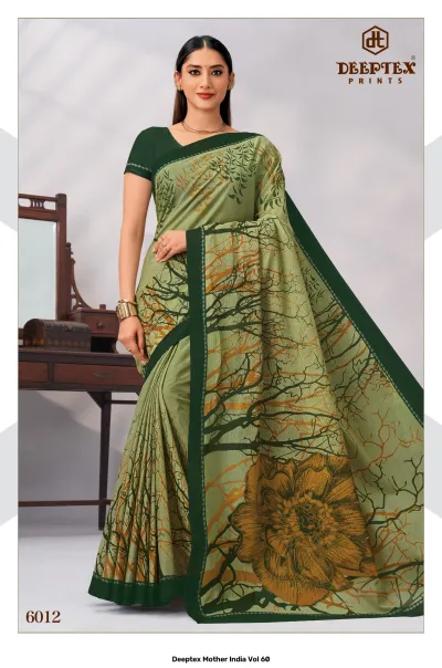 Deeptex Mother India Vol 60, olive green tree-patterned saree with a large floral motif.