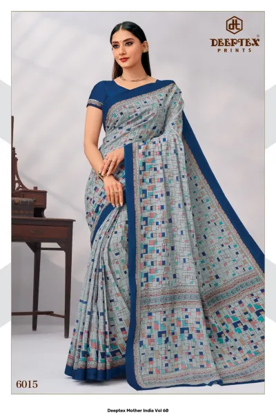 Deeptex Mother India Vol 60, grey geometric patterned saree with a blue border.