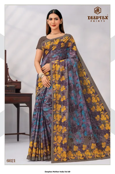 Deeptex Mother India Vol 60, dark grey floral printed saree with mustard yellow flowers.