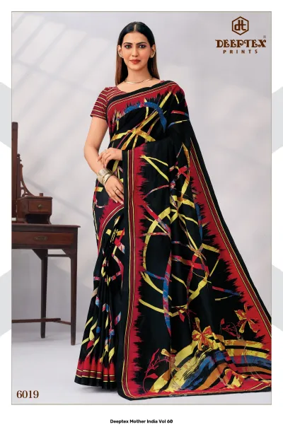 Deeptex Mother India Vol 60, black abstract printed saree with red and yellow accents.
