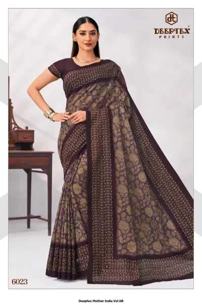 Deeptex Mother India Vol 60, dark brown floral printed saree with a decorative border.